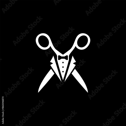 Elegant scissors logo combined with tuxedo bow tie, minimalist black and white vector icon