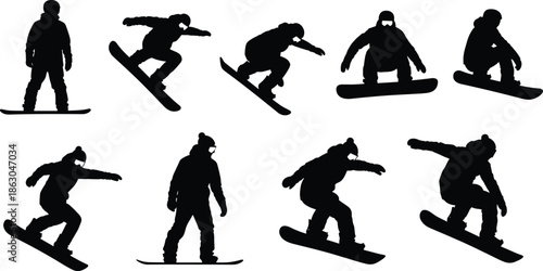 Silhouettes of nine snowboarders performing jumps, tricks, and stances on snowboards, showcasing dynamic motion, winter sport, adventure, and athletic skill