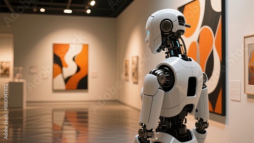 Humanoid robot viewing an abstract painting in an art gallery.