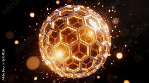Molecular structure composed of hexagonal cells forming a spherical shape, is transparent and reflective, with golden light emanating from within, resembling molten energy or plasma.