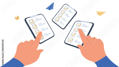 Hands interacting with smartphones for task management and productivity