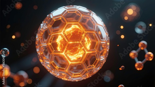 Molecular structure composed of hexagonal cells forming a spherical shape, is transparent and reflective, with golden light emanating from within, resembling molten energy or plasma.