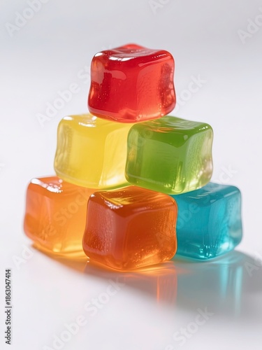 Colorful translucent gummy cube candies arranged in a small pyramid shape.