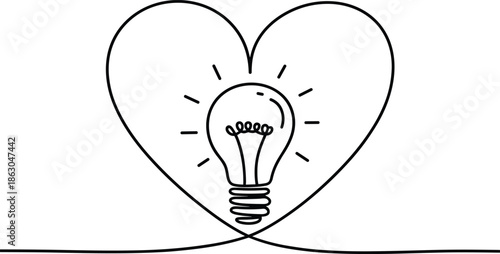 Heart Shape With Light Bulb Inside Black And White Line