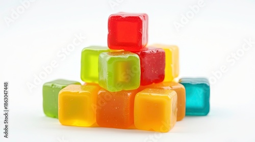 Colorful translucent gummy cube candies arranged in a small pyramid shape.