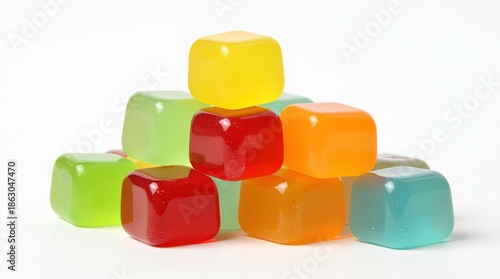 Colorful translucent gummy cube candies arranged in a small pyramid shape.