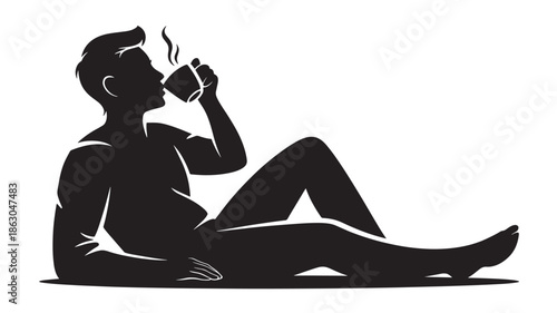 Man Drinking Coffee Silhouette Isolated on White