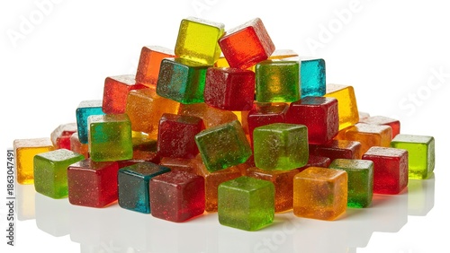 Colorful translucent gummy cube candies arranged in a small pyramid shape.