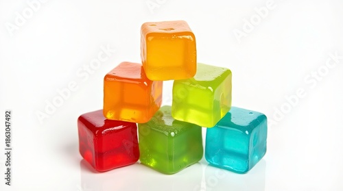 Colorful translucent gummy cube candies arranged in a small pyramid shape.
