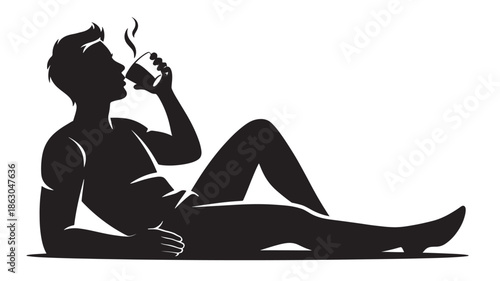 Man Drinking Coffee While Reclining on Floor