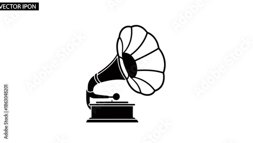 Vintage gramophone icon in black and white