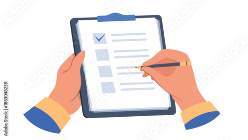 Person filling out form on clipboard with pen