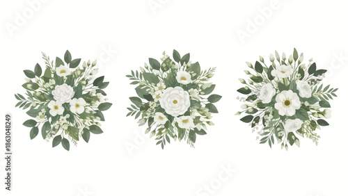 Top View Green and White Floral Bouquets Botanical Illustration