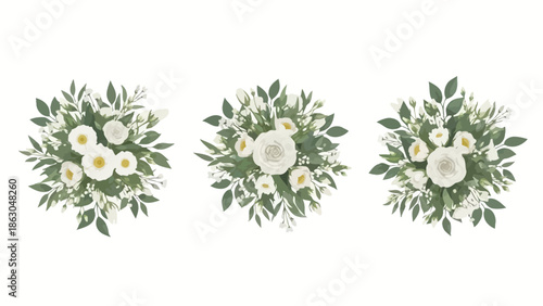 Top View Green and White Floral Bouquets Botanical Illustration