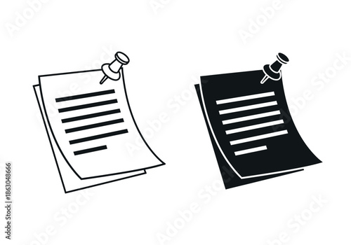 Black and white illustration of two paper notes with thumbtacks on a plain background