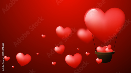 Romantic red hearts in hot air balloon. Design element can be used for Valentine's day, love theme