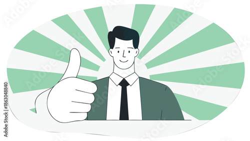 Confident businessman giving thumbs up in green burst background