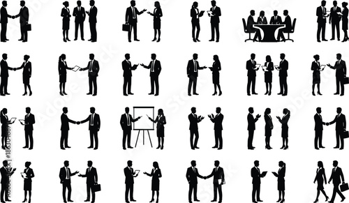Business meeting silhouettes illustration showing professional men and women negotiating presenting collaborating handshake teamwork corporate office scenes black vector set