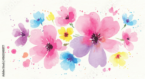 Vibrant flowers in full bloom scattered across a clean white background with delicate watercolor illustrations and splatters of colorful paint