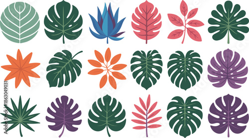 Vibrant tropical leaf collection in various colors and shapes