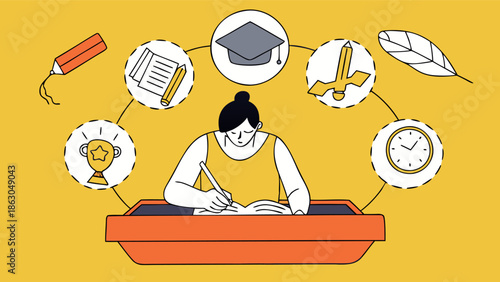 Woman studying diligently with education icons surrounding her