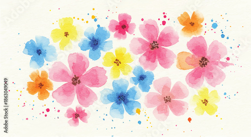 Vibrant flowers in full bloom scattered across a clean white background with colorful splatters