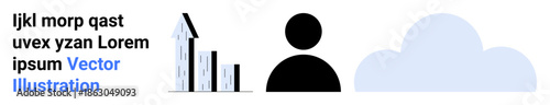 Business analytics, cloud storage, user profiles, data management, digital tools, tech innovation. Bar chart, human figure and cloud icon. Business analytics and cloud storage concepts
