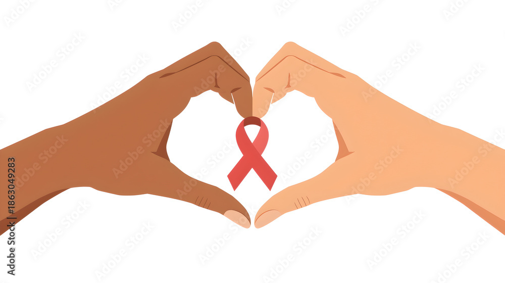 Obraz premium Diverse Hands Forming Heart Shape Around Red Ribbon Symbol of Support and Awareness