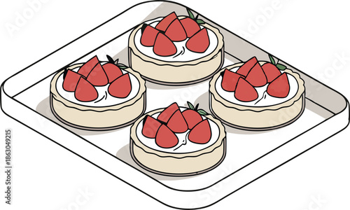 Strawberry tart on a tray. Vector illustration isolated on white background.