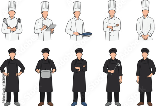 Chef characters illustration showing professional cooks in white and black uniforms with kitchen tools restaurant culinary staff flat vector set