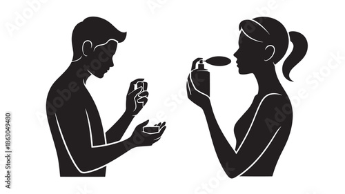 Black Silhouettes Man Holding Phone Woman Drinking Coffee
