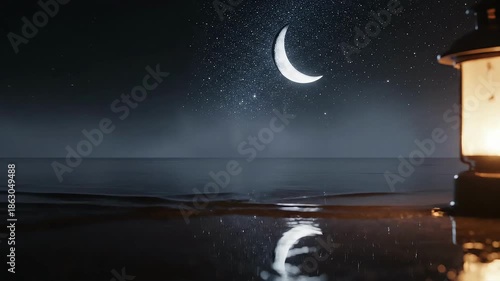 Minimal Crescent Moon And Lantern Glow With Copy Space