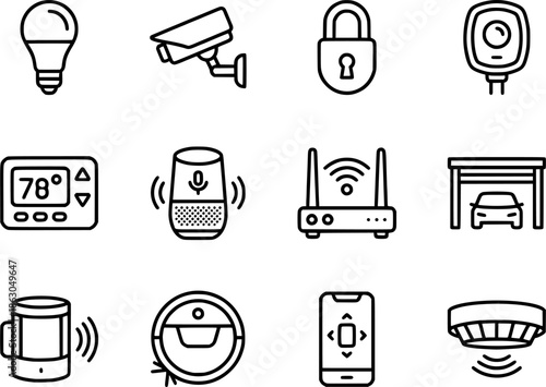 Smart Home Automation and IoT Technology Vector Icon Set in Minimalist Thin Line Art Style