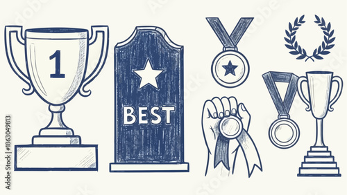 Hand drawn blue trophy cup first place medal award ribbon laurel wreath best plaque vintage sketch style collection