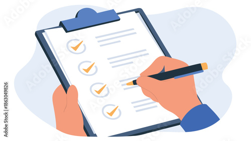 Hands holding clipboard with checklist and pen, completing tasks
