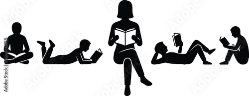 People reading books silhouettes illustration showing men women enjoying leisure education study learning relaxing poses black vector set isolated design