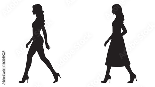 Fashionable Women Walking in Silhouette, High Heels, Isolated on White