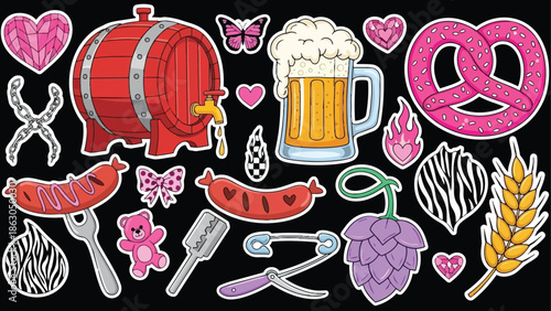 Colorful vector art collection featuring beer mug, red barrel, pretzel, sausages on fork, hop flower, and various hearts with playful decorative elements