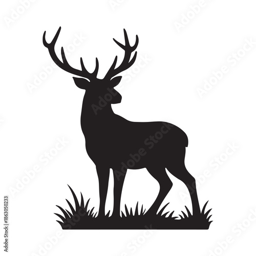 Adobe Illustrator Artwork & Majestic Deer Silhouette with Expansive Antlers Standing on Grass Patch in Minimalist Vector Wildlife Art, clean white background