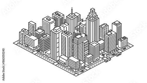 Cityscape with skyscrapers and buildings in isometric view
