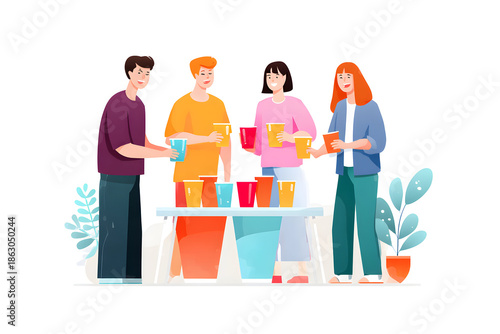 Drinks Delight: A cheerful group gathers around a table brimming with colorful beverages. The scene portrays the conviviality and refreshment of enjoying drinks together.