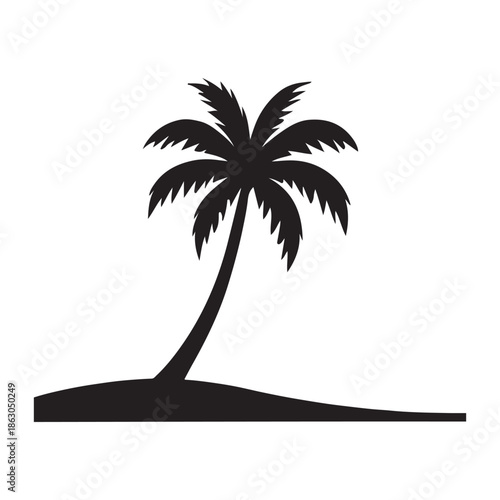 Adobe Illustrator Artwork & Palm Tree Silhouette with Curved Trunk and Pointed Fronds on Hilltop in Tropical Vector Nature Design with clean white background