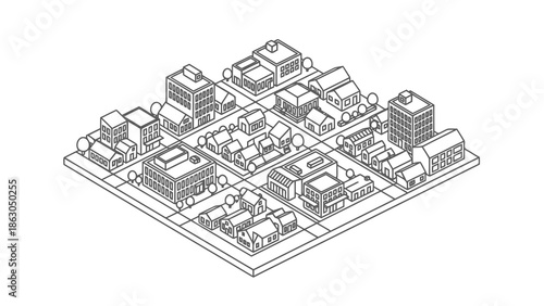 Isometric view of city block with buildings and streets