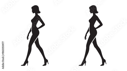 Silhouette Women Walking in Heels on White Background