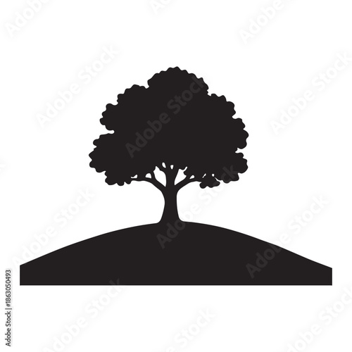 Adobe Illustrator Artwork & Elegant Tree Silhouette with Full Leaf Canopy Standing on Hilltop in Minimalist Black Vector Nature Design, clean white background