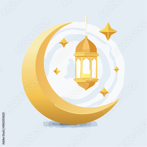 Golden celestial crescent moon with an ornate hanging lantern and twinkling stars, creating a serene and festive visual for spiritual celebrations