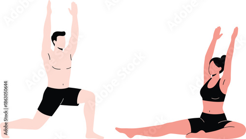Yoga poses illustration featuring male and female practitioners stretching balance flexibility wellness fitness exercise modern flat vector design concept style