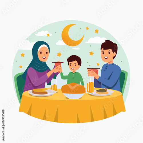 Happy Muslim family enjoying a joyful Iftar meal together, celebrating togetherness during the holy month of Ramadan under the crescent moon