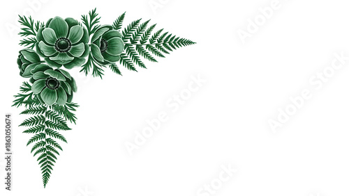 Minimal luxury watercolor floral frame corner with anemones and ferns in deep emerald green isolated on white background.png