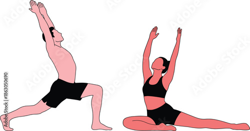 Yoga poses illustration featuring male and female practitioners stretching balance flexibility wellness fitness exercise modern flat vector design style concept